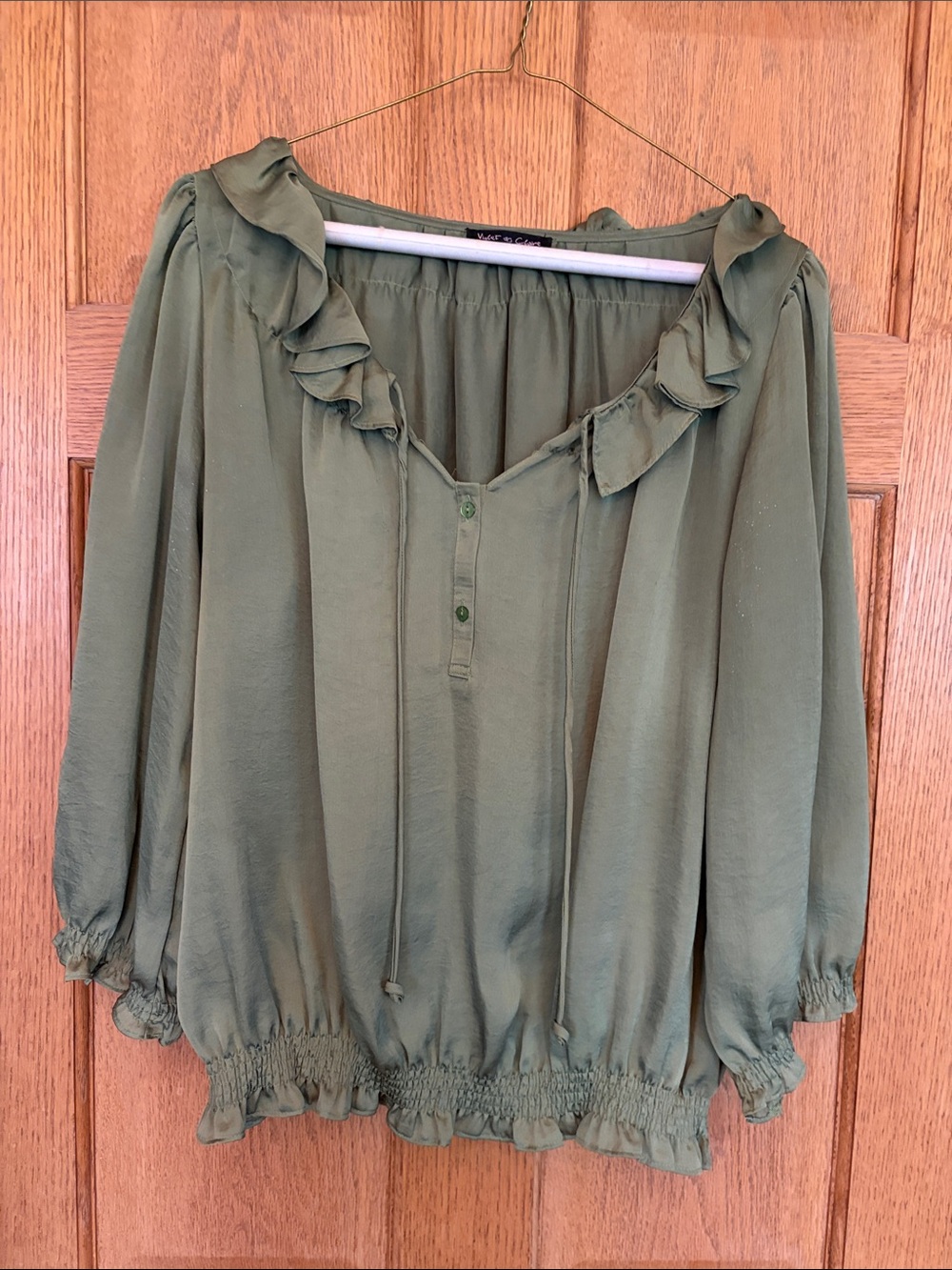 Violet & Claire Olive Green Ruffle Peasant Blouse - Women Tops